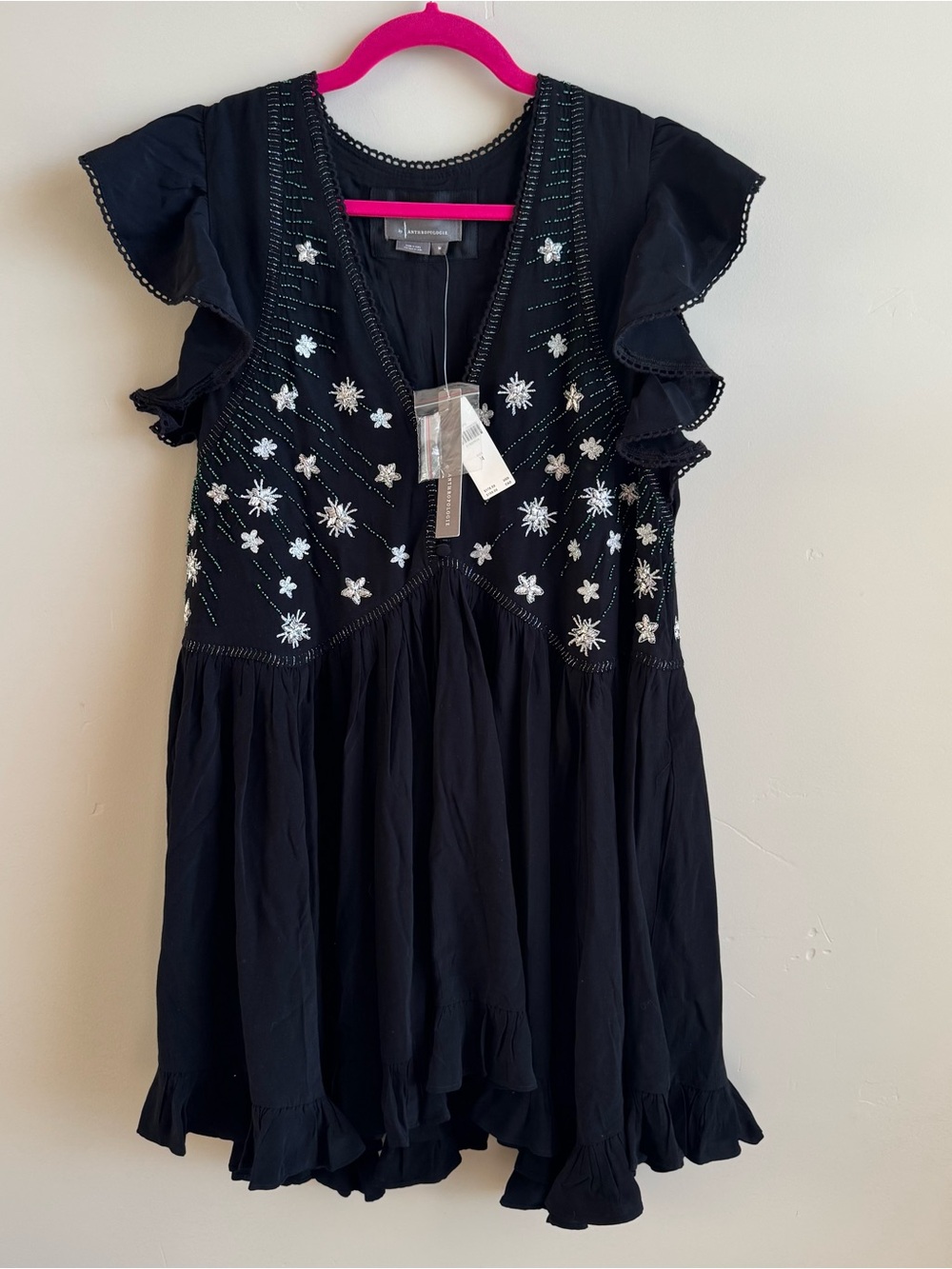 Anthropologie Black Embroidered Ruffle-Sleeve Dress